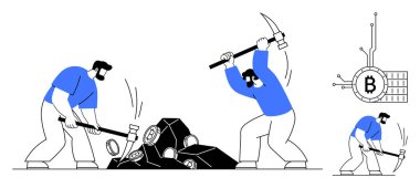 Workers are using pickaxes to break rocks while a Bitcoin symbol connected to a processing chip is shown. Ideal for technology finance cryptocurrencies digital economy blockchain. Cartoon simple style clipart