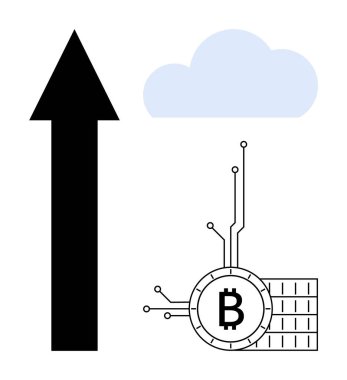 Bulutun yanında yukarı doğru siyah ok ve devre kartı bağlantıları olan Bitcoin sembolü. Kripto finansmanı için ideal blok zinciri teknolojisi pazar büyüme dijital ekonomisini hesaplayan bulut