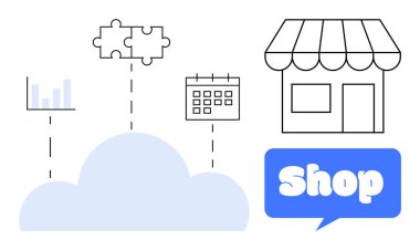 Bulut bir grafiğe, bulmaca parçalarına, takvime ve bir atölyeye bağlanıyor. Bulut entegrasyonu, çevrimiçi alışveriş, veri analizi, iş organizasyonu ve e-ticaret çözümleri için ideal. Basit.