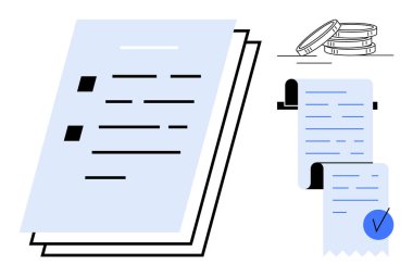 Fatura ya da makbuzların yanında metin ve simgelerle istiflenmiş iki kağıt üzerinde mavi bir işaret ve arka planda bozuk paralar. Finans, muhasebe, bütçe, muhasebe ve gider takibi için ideal