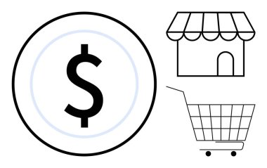 Çemberin içinde büyük bir dolar işareti bir mağaza önü ve bir alışveriş arabası taslağının yanında. Perakende, alışveriş, e-ticaret, finans ve iş temaları için ideal. Basit çizgi sanat tarzı çeşitli tamamlayıcılar