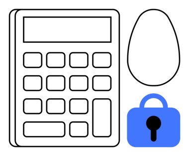 Siyah çizgili bir hesap makinesi, siyah çizgili yumurta şekli ve mavi bir asma kilidin yanında. Güvenlik, finans, problem çözme, şifre koruma ve yaratıcılık için ideal. Minimalist vektör biçimi