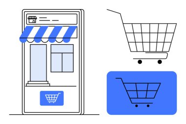 Storefront with awning on a mobile screen and shopping cart icons. Ideal for ecommerce, online shopping, app development, retail business, modern vector design. Clean minimalist style clipart