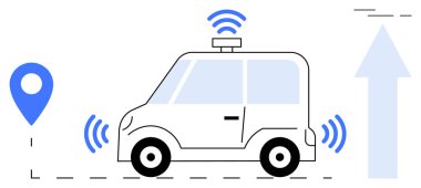 Kablosuz sinyalleri ve GPS işaretli otonom bir araba. Otomatik sürüş teknolojisi için ideal akıllı ulaşım gelecekteki taşınabilirlik yenilikleri otomotiv ilerlemeleri ve GPS navigasyon sistemleri