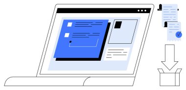 Bir çevrimiçi belge yönetim sistemini gösteren dizüstü bilgisayar ekranı. Yakınlarda, belgeler ve kutunun üzerindeki bir ok indirme ve düzenleme anlamına gelir. Dijital çözümler, ofis verimliliği, çevrimiçi için ideal