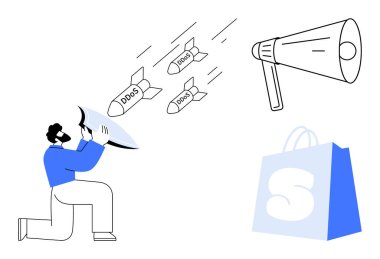 Bir megafon ve alışveriş çantası mevcutken DDoS etiketli füzelere karşı korunmak için kalkan kullanan bir kişi. Siber güvenlik, dijital koruma, çevrimiçi iş güvenliği ve iletişim için ideal