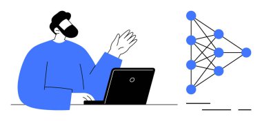 Sakallı ve dizüstü bilgisayarlı kişiler sinir ağı diyagramına doğru gidiyor. Teknoloji sunumları için ideal. Yapay zeka makinesi veri bilimi öğreniyor. Eğitim içeriği ve kodlama dersleri.