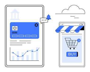 Bir alışveriş arabası ve satın alma düğmesini gösteren bir cep telefonu, yanında da bir banka kartı ve grafik. E-ticaret, mobil bankacılık, e-ödemeler, finans teknolojisi ve online alışveriş için ideal. Minimalist