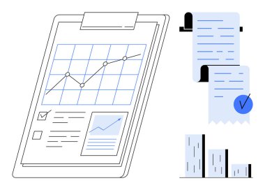 İçinde iş grafiği, makbuzlar ve bar çizelgesi olan bir pano. Finansal raporlar, iş analizleri, veri görselleştirme, ilerleme izleme ve performans ölçümleri için idealdir. Asgari çizgi sanatı