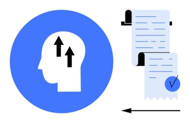Profilde insan kafası, yukarı doğru ok ve işaretli uzun bir belge var. Üretkenlik, eğitim, zihinsel büyüme, organizasyon ve görevler için idealdir. Basit, temiz, modern tarz.