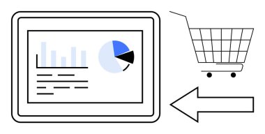 Tablet ekranda çubuk, pasta grafikleri ve metin verileri gösteriliyor. Solunda ok olan bir alışveriş arabası. E-ticaret, veri analizi, alışveriş eğilimleri, dijital pazarlama, iş dünyası için ideal