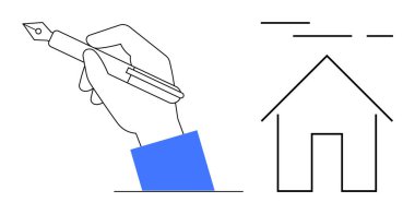 El ele tutuşan dolmakalem beyaz arka plana minimalist ev çiziyor. Tasarım, mimari, yaratıcılık, eğitim ve markalaşma için ideal. Basit, temiz ve modern.