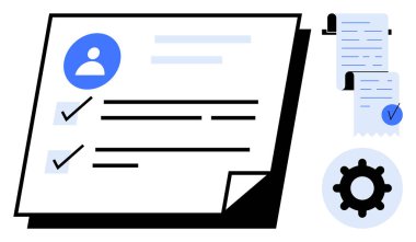 Kontrol işaretli bir belge, bir kullanıcı profili simgesi ve ayarlama teçhizatı. Üretkenlik, görev yönetimi, organizasyon, iş akışı planlaması ve proje yönetimi kavramları için idealdir. Basit modern biçim