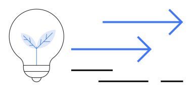İki mavi okun eşlik ettiği yaprak desenli ekolojik yenilik ampulü. Sürdürülebilirlik, yeşil teknoloji, ileri görüşlü, çevre dostu girişimler gibi konular için ideal