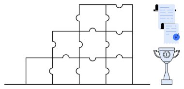 Dokuz iç içe geçmiş yapboz parçası bir adım düzeninde, yanında da kurdeleli bir belge ve bir kupa var. Takım çalışması, başarı, başarı, hedef tamamlama ve tanınma için ideal. Basit.