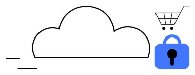 Bulut simgesi, alışveriş arabası ve kilit sembolü çevrimiçi depolama, e-ticaret ve veri güvenliğini vurguluyor. Çevrimiçi güvenlik için ideal, bulut hesaplama, e-ticaret, siber güvenlik, dijital güvenlik. Minimalist