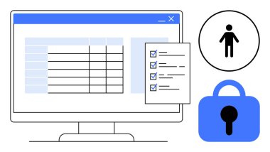 Veri tablosu, kontrol listesi, kişi simgesi ve mavi asma kilit sembollü bilgisayar ekranı. Veri güvenliği, ofis yönetimi, gizlilik koruması, görev tamamlama ve bilgi güvenliği için ideal. Vektör
