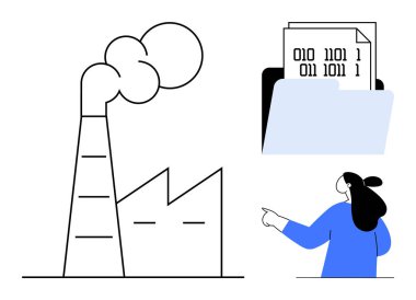 Duman yığını olan bir fabrika, ikili kod içeren bir klasör ve işaret eden biri mevcut. Endüstriyel veri analizi, fabrika yönetimi, dijital dönüşüm ve bilgi için ideal