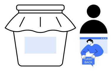 A jar with a label and a person holding a sign for cash back. Ideal for savings themes, financial planning, goal achievement, budgeting, and discounts. Simple vector style, predominantly blue, black clipart