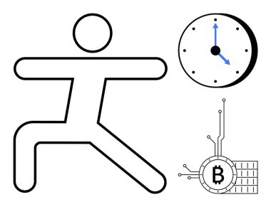 Simple stick figure in stretching pose next to a clock and a Bitcoin symbol. Ideal for fitness, time management, cryptocurrency, digital finance, health routines. Minimalist vector style clipart