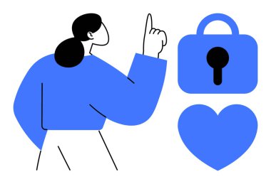Yukarıya bakan kişiye bir kilit ve kalp sembolü eşlik eder. Çevrimiçi veri koruması kavramları için ideal güvenlik gizlilik güvenliği ve ilişki tavsiyesi. Asgari vektör biçimi