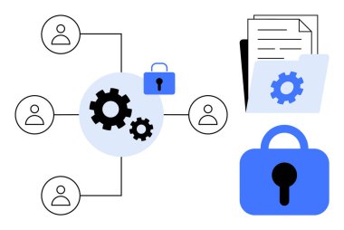Birbirine bağlı kullanıcılar ve dişliler ile ağ yapılandırması işbirliği ve optimizasyonu sembolize eder. Sembolleri ve belgeleri bir klasöre kilitle güvenlik ve bilgi korumasını vurgula. İdeal