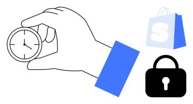 El ele tutuşan saat zaman yönetimini sembolize eder. Yakınlardaki alışveriş torbası ve kilit e-ticaret ve güvenliği vurguluyor. Zaman yönetimi için ideal, çevrimiçi alışveriş, veri koruması, verimlilik, siber güvenlik