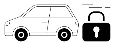 A simplistic line drawing of a car next to a padlock. Ideal for vehicle security, auto insurance, safety features, car rental, and car anti-theft systems. Black and white style clipart