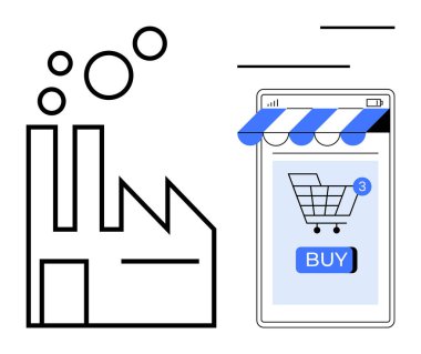 Dumanlı bir fabrika, alışveriş arabası, satın alma düğmesi ve vitrin güneşliği olan bir cep telefonu. E-ticaret için ideal, dijital pazarlama, online alışveriş, endüstri 4.0, teknoloji. Basit satır biçimi