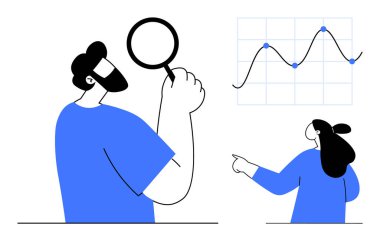 İki karakter etkileşime giriyor, biri büyüteç tutuyor, diğeri de veri göstergeli bir grafiğe işaret ediyor. Veri analizi, iş raporları, takım çalışması, sunumlar, araştırma ve eğitim için ideal. Basit.