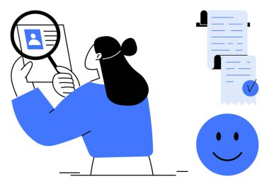 Büyüteçle bir belgeye bakan biri. Yanında da bir kontrol listesi ve mutlu bir yüz. İş, araştırma, analiz, belge ve müşteri memnuniyeti için idealdir. Minimalist vektör