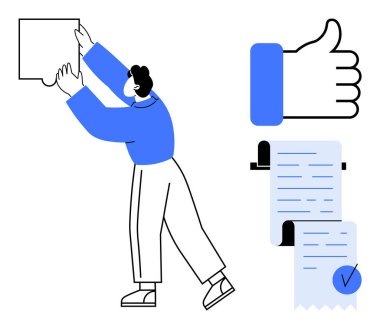 Duvara bir çerçeve asan, baş parmak işareti ve imzalı belgenin yanına. Proje onayı, kalite güvencesi, tamamlanma, başarı ve olumlu geri bildirim için ideal. Basit vektör sanat biçimi