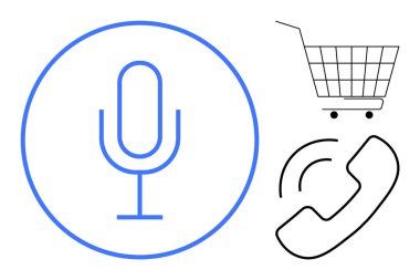 Çember içinde mikrofon, alışveriş arabası ve telefon sembolleri gösteriliyor. İletişim, teknoloji, alışveriş, perakende satış ve dijital yardım temaları için ideal. Modern kolaylıkları temsil eder.