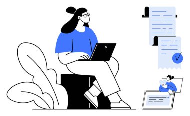 Dizüstü bilgisayarlı bir kadın, listeli bir belge ve tabletli daha küçük bir figür. Uzaktan çalışma, üretkenlik, iş çözümleri, dijital planlama ve ofis ortamı için ideal. Minimalist modern