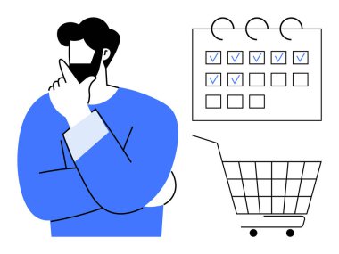 Alışveriş arabası ve kontrol listesi takvimiyle düşünen biri. Planlama, üretkenlik, karar verme, organizasyon ve iş için ideal. Minimalist, temiz vektör biçimi
