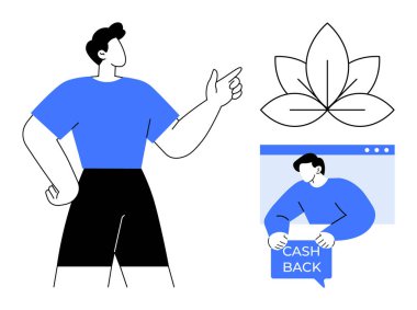 Yukarıya bakan bir adam, büyük bir yaprak simgesi, bilgisayarla para gönderen bir birey düşünce balonunda. İş, finans, teknoloji, doğa ve iletişim için ideal. Basit modern.