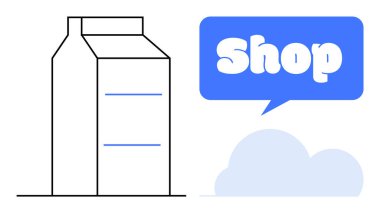 Mavi bir konuşma balonunun yanında açık mavi bulutun üstünde alışveriş yazan basit bir süt kutusu çizimi. Gıda reklamcılığı, market pazarlaması, sağlık promosyonları, çevrimiçi mağazalar ve beslenme için ideal