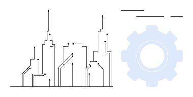 Şehir silueti devre çizgisi bağlantıları ve bir vites sembolü kentsel teknoloji entegrasyonunu temsil ediyor. Akıllı şehirler, teknoloji geliştirme, kentsel planlama, otomasyon ve altyapı için ideal