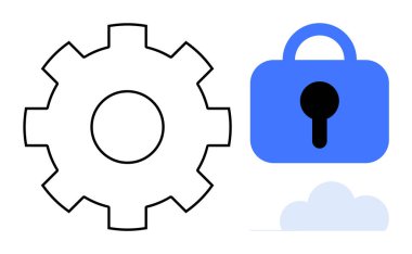 Vites sembolü, kilit ve siyah-mavi tek renkli bir bulut simgesi. Teknoloji güvenliği, veri koruma gizliliği ve yazılım ayarlarının hesaplanması için ideal. Modern, basit, temiz bir tarz.