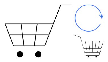 Aynı arabanın daha küçük bir versiyonunun üzerinde iki tekerleği ve mavi yuvarlak bir oku olan basit bir alışveriş arabası. Çevrimiçi alışveriş, yeniden yükleme, e-ticaret, perakende satış ve güncellemeler için ideal. Asgari