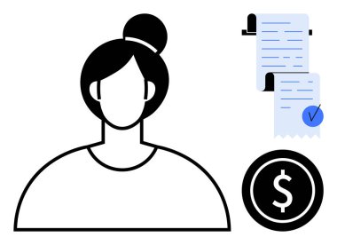 Siyah çizgili basit bir kadın avatarı. Yanında iki rulo fatura ve bir dolar sembolü var. Çemberin içinde, finansal temayı simgeliyor. Finans, muhasebe ve ödemeler için ideal