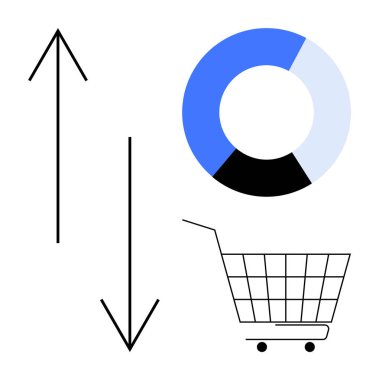 İş büyümesi, ekonomi, mali istatistik, piyasa analizi, perakende alışverişi için ideal turta grafiği ve alışveriş arabasının yanına iki ok. Modern düz stil.