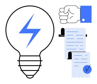 Yıldırımlı bir ampul, yumrukla güç gösteren bir el hareketi ve işaretli bir belge. Enerji verimliliği, elektrik, güç, sözleşmeler, modern tasarım için ideal. Renkli