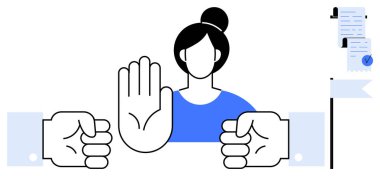 Çatışma çözümü, arabuluculuk, anlaşma, müzakere ve yasal işlemler için ideal sözleşmeli belgelerle yan yana duran bir kadının dur işareti için elini kaldırması.