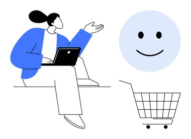 Elinde dizüstü bilgisayarla oturup gülümseyen bir yüze ve alışveriş arabasına el kol hareketi yapan biri. E-ticaret, çevrimiçi alışveriş, müşteri memnuniyeti, dijital perakende ve kullanıcı deneyimi temaları için idealdir. Basit vektör