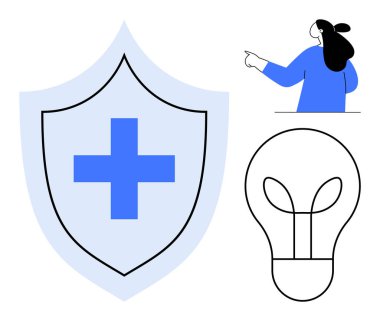 Mavi tıbbi haçlı kalkan, mavi noktalı insan, ve ampul çizgisi. Sağlık, koruma, yenilik, rehberlik ve güvenlik konuları için idealdir. Basit modern biçim