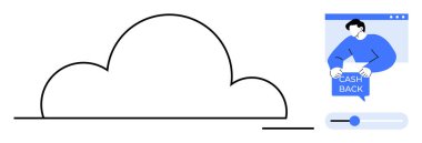 İnternet tarayıcısında elinde nakit para levhası olan birinin olduğu bir bulut çizgisi. Mavi ve beyaz renkler baskın. Teknoloji, çevrimiçi hizmetler, müşteri ödülleri, dijital ödemeler, finansal yardımlar için ideal