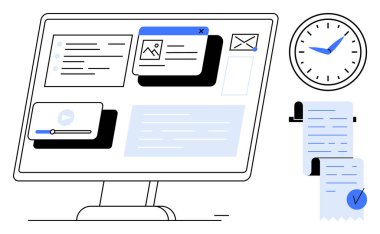 İşle ilgili e-posta, resim ve video gibi çeşitli pencereleri gösteren bilgisayar monitörü. Yanında bir saat ve işaretli bir kontrol listesi de var. Üretkenlik ve zaman için ideal