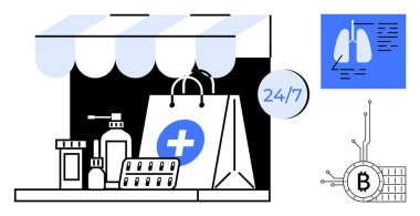 A pharmacy storefront with a medical bag, pills, and bottles. A 24 7 symbol signifies round-the-clock service. Blockchain symbol and lungs diagram indicates tech integration in health services. Ideal clipart