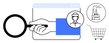 Web tarayıcı simgesi, fabrika, işçi ve alışveriş arabası üzerinde büyüteç. Dijital iş analizi, endüstriyel içgörü, e-ticaret araştırması, tedarik zinciri yönetimi ve işgücü yönetimi için ideal